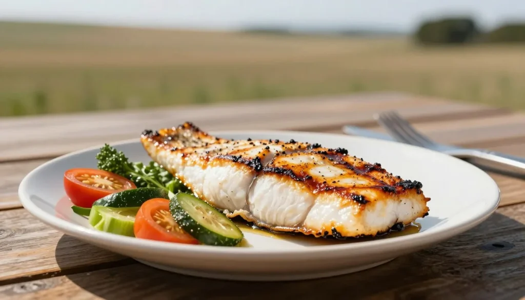 Fresh grilled fish dish with Colorado-grown vegetables on rustic wooden table