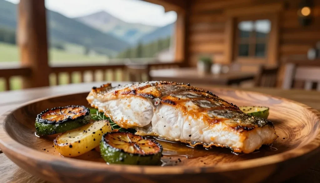 Fresh grilled trout with vegetables on rustic wooden table in mountain setting