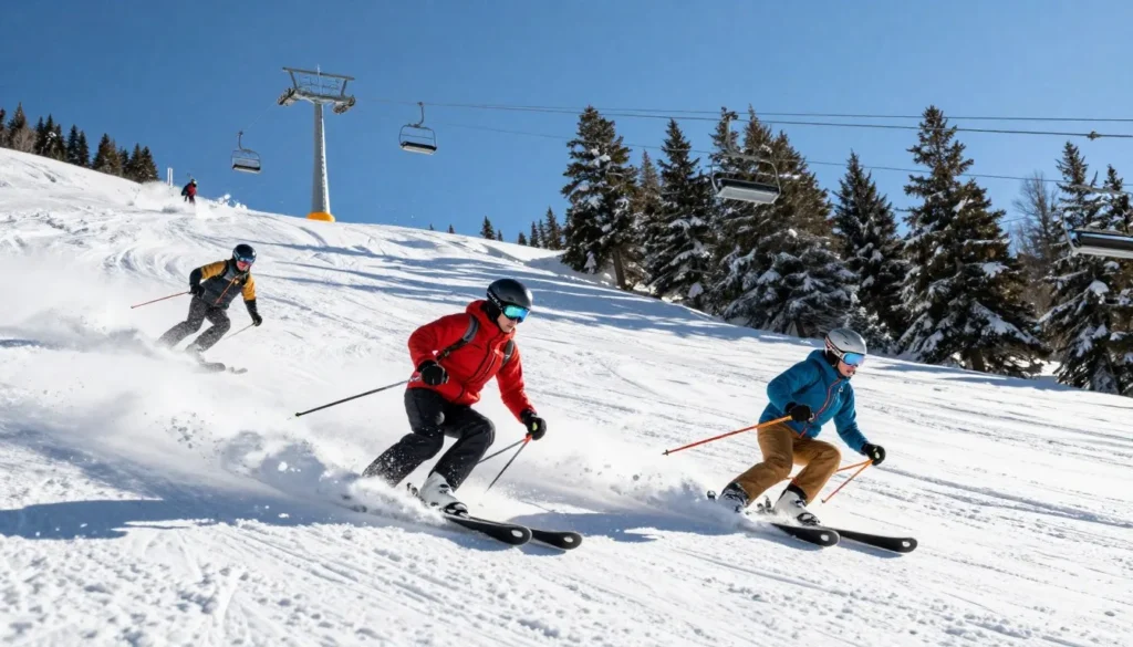 Fresh powder snow at Loveland Ski Area Colorado with skiers on pristine slopes Fresh powder snow at Loveland Ski Area Colorado with skiers on pristine slopes