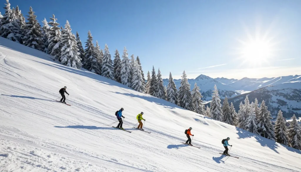 Fresh powder snow blanketing Mary Jane terrain with skiers making first tracks on a clear morning Fresh powder snow blanketing Mary Jane terrain with skiers making first tracks on a clear morning