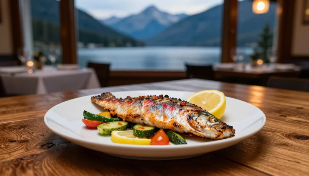 Fresh trout dinner served at lakeside restaurant Fresh trout dinner served at lakeside restaurant