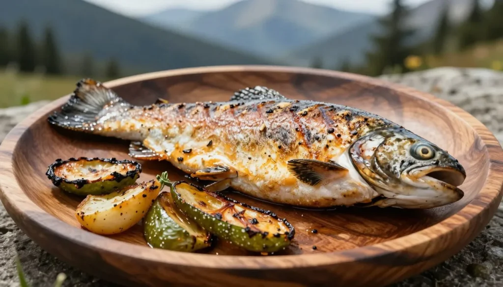 Fresh trout dinner with vegetables on rustic wooden table outdoors Fresh trout dinner with vegetables on rustic wooden table outdoors