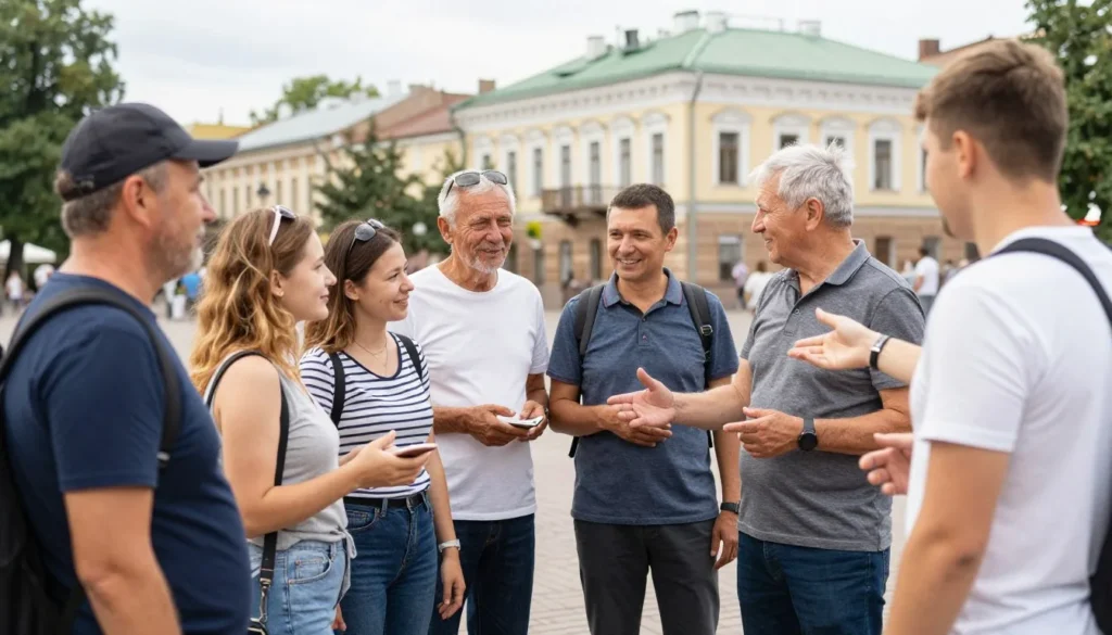 Friendly local residents interacting with tourists in city square