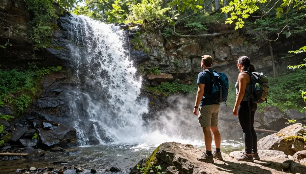 Galena Creek waterfall with hikers viewing cascade Galena Creek waterfall with hikers viewing cascade