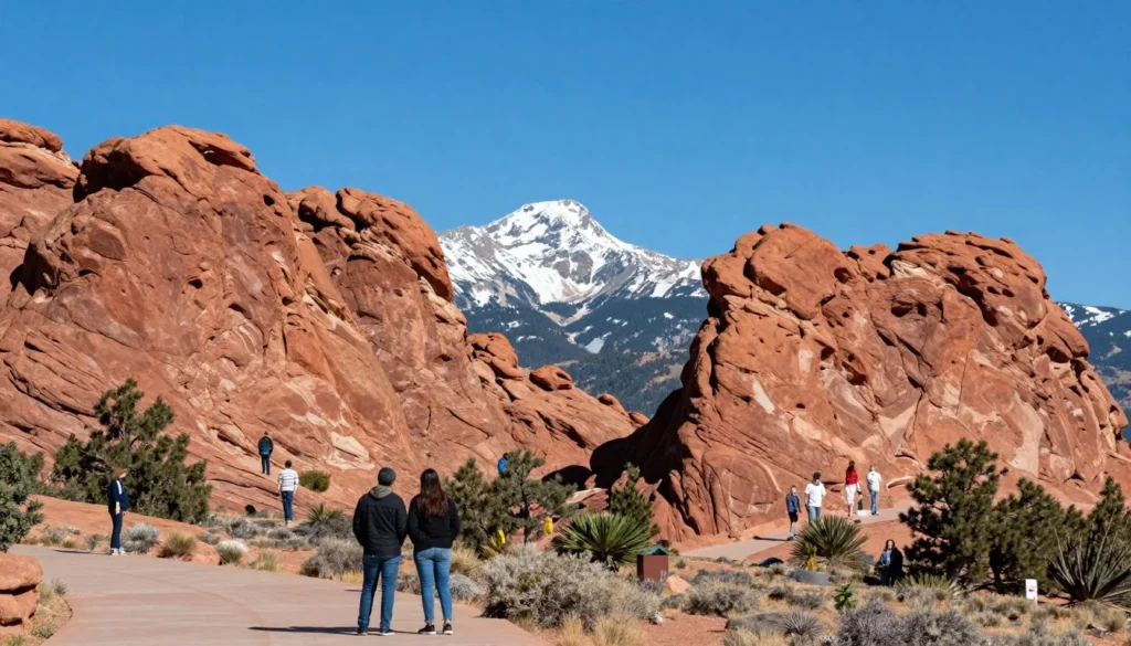 Garden of the Gods red rock formations with Pikes Peak visible in the background under clear blue sky Garden of the Gods red rock formations with Pikes Peak visible in the background under clear blue sky