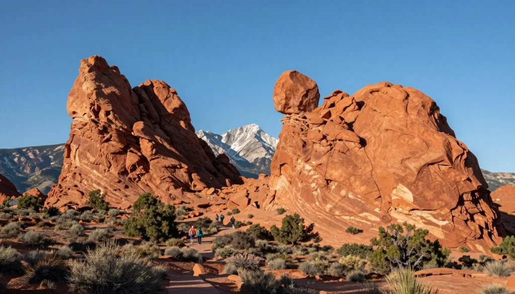Garden of the Gods red rock formations with mountain backdrop near Colorado Springs Garden of the Gods red rock formations with mountain backdrop near Colorado Springs