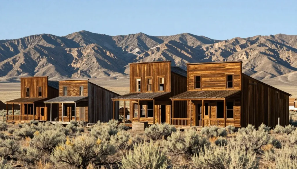 Ghost town wooden buildings in Nevada mining district mountains