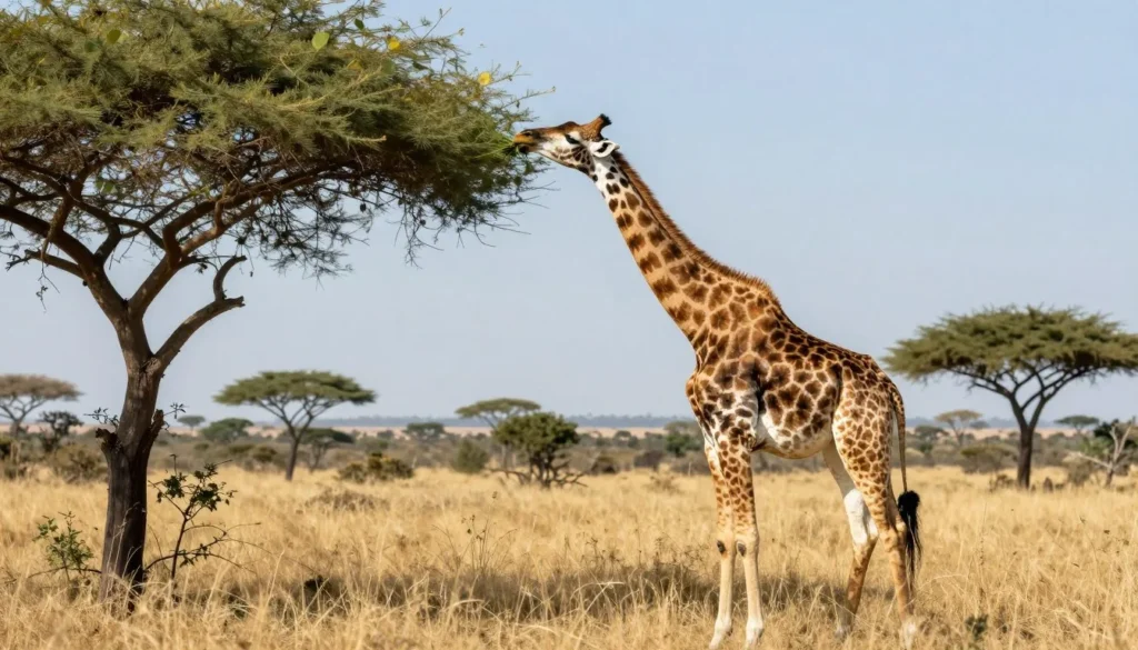 Giraffe eating leaves from tall acacia tree in African savanna landscape Giraffe eating leaves from tall acacia tree in African savanna landscape