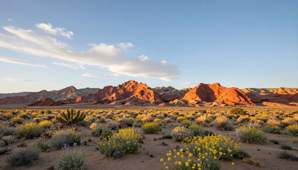 Gold Butte desert landscape with spring wildflowers and clear morning sky Gold Butte desert landscape with spring wildflowers and clear morning sky