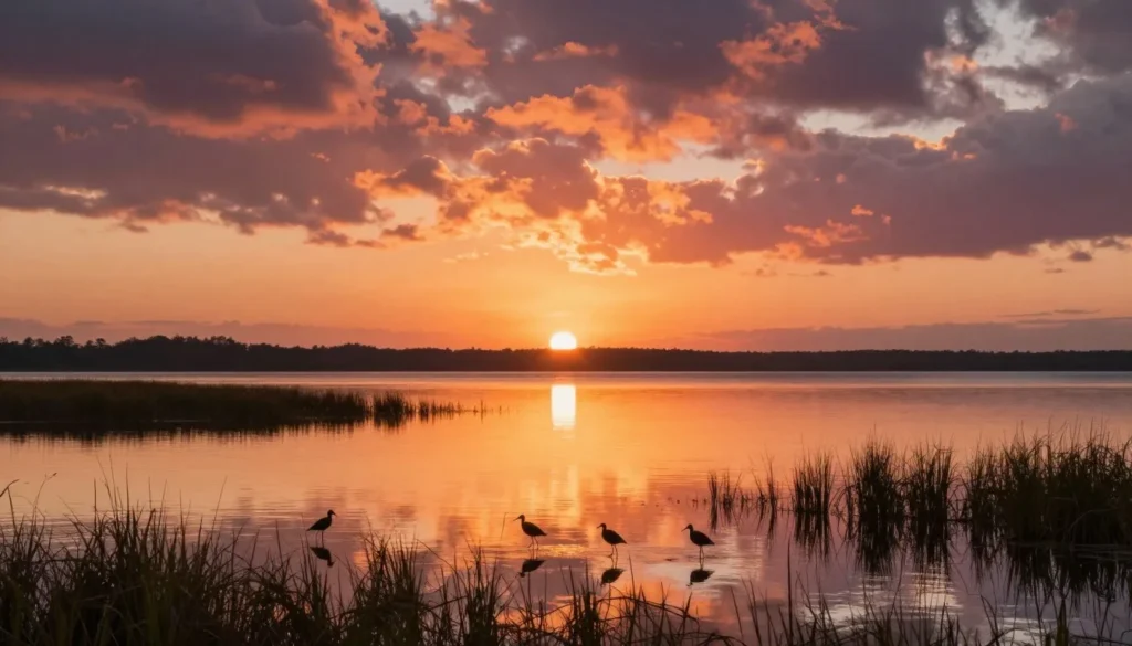 Golden hour sunrise over White Lake marsh with bird silhouettes Golden hour sunrise over White Lake marsh with bird silhouettes
