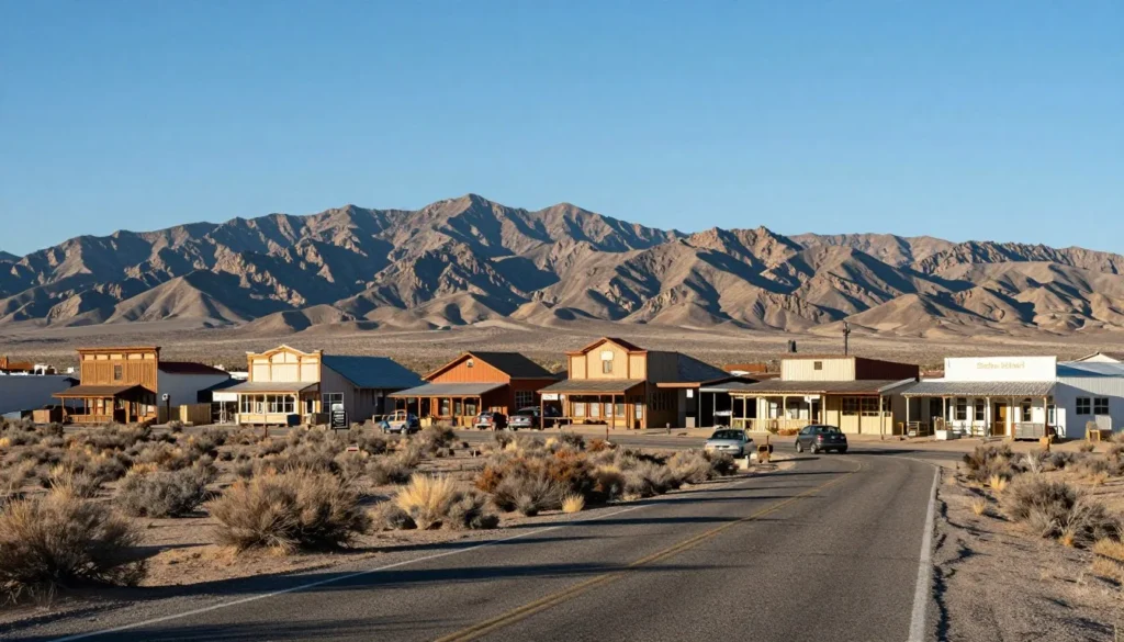 Goldfield Nevada desert landscape with historic buildings in distance and mountain backdrop Goldfield Nevada desert landscape with historic buildings in distance and mountain backdrop