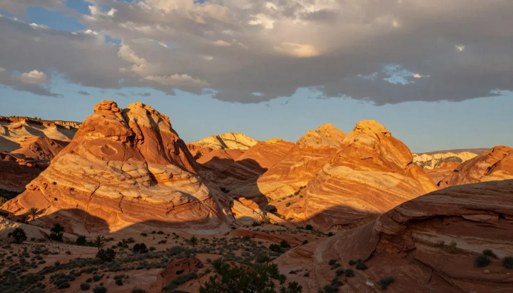 Grand Staircase–Escalante landscape during golden hour with warm sunlight on rock formations Grand Staircase–Escalante landscape during golden hour with warm sunlight on rock formations