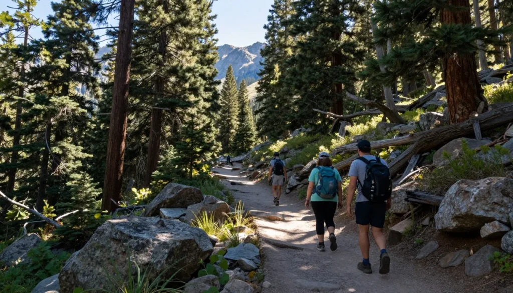 Great Basin National Park hiking trail through conifer forest Great Basin National Park hiking trail through conifer forest
