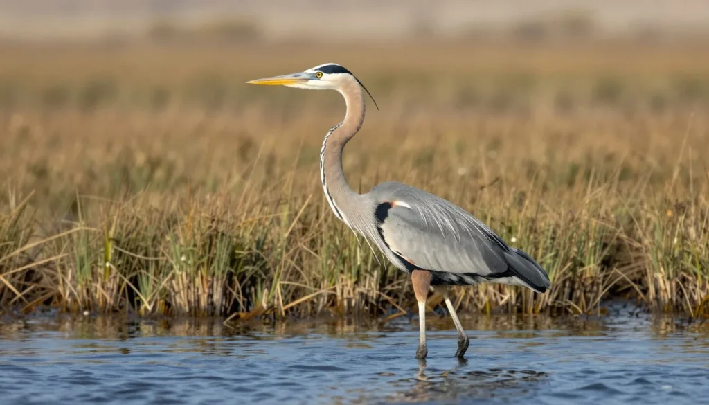 Great blue heron standing in marsh waters at Pahranagat refuge Great blue heron standing in marsh waters at Pahranagat refuge