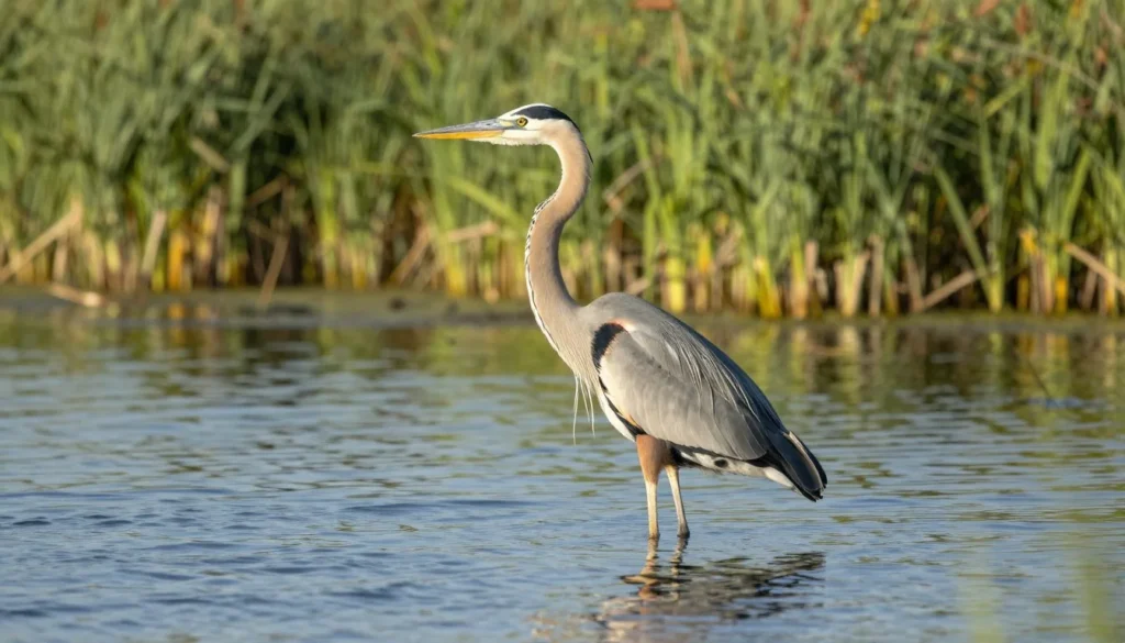 Great blue heron wading in shallow water at Cedar Creek Lake shoreline