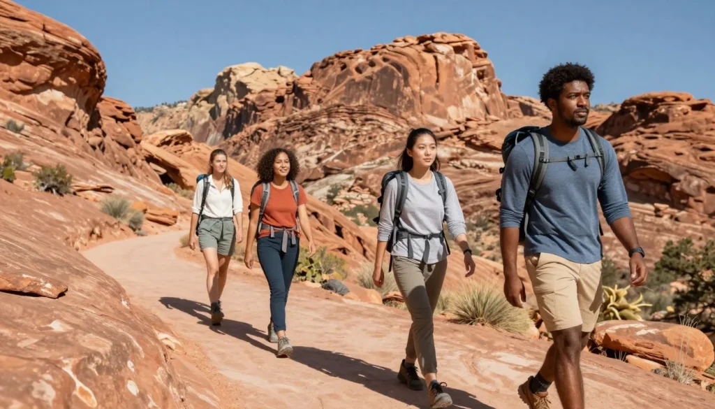 Group of diverse hikers exploring red rock trail in Dixie National Forest Group of diverse hikers exploring red rock trail in Dixie National Forest