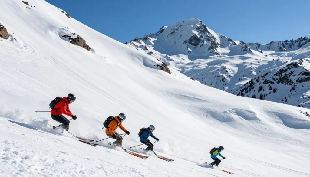 Group of diverse skiers on challenging mogul run at Mary Jane with mountain backdrop Group of diverse skiers on challenging mogul run at Mary Jane with mountain backdrop