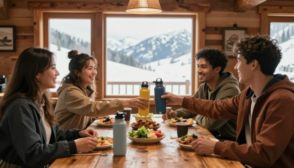 Group of friends sharing ski lodge lunch at wooden table
