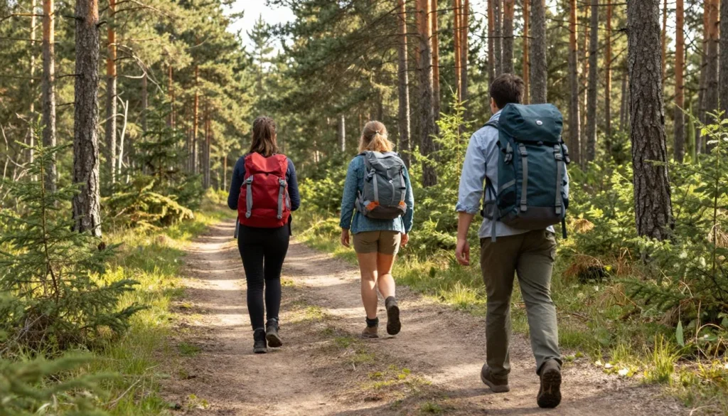 Group of three hikers on forest trail in Udmurt Republic surrounded by tall pine trees Group of three hikers on forest trail in Udmurt Republic surrounded by tall pine trees