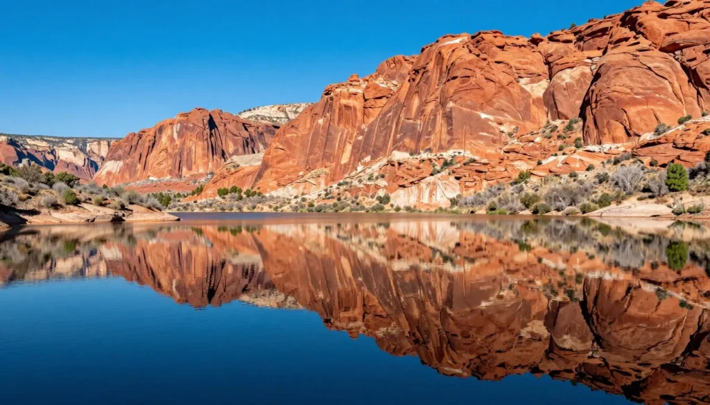 Gunlock Reservoir under perfect blue sky with calm waters and red rock reflections Gunlock Reservoir under perfect blue sky with calm waters and red rock reflections