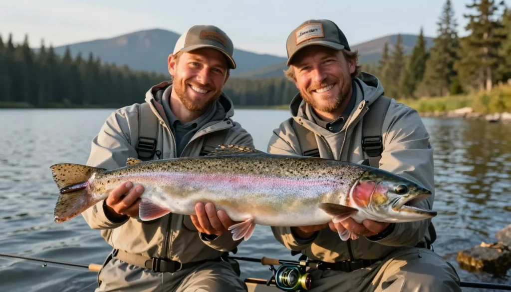 Happy anglers displaying caught fish at Spinney Mountain Reservoir Happy anglers displaying caught fish at Spinney Mountain Reservoir