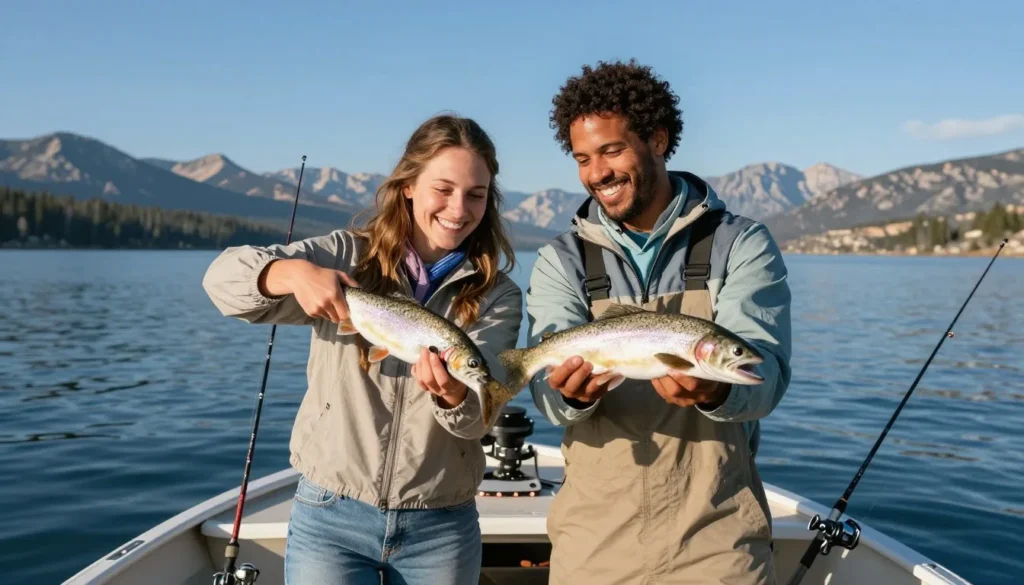 Happy diverse couple fishing from boat on Lake Granby with caught fish and mountain scenery Happy diverse couple fishing from boat on Lake Granby with caught fish and mountain scenery