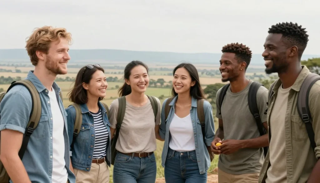Happy diverse group of tourists enjoying safari experience with beautiful African landscape Happy diverse group of tourists enjoying safari experience with beautiful African landscape