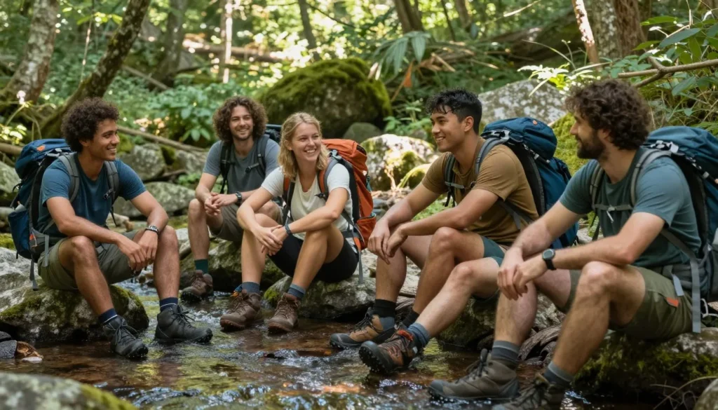 Happy diverse group of tourists resting on rocks near mountain stream after completing hike Happy diverse group of tourists resting on rocks near mountain stream after completing hike