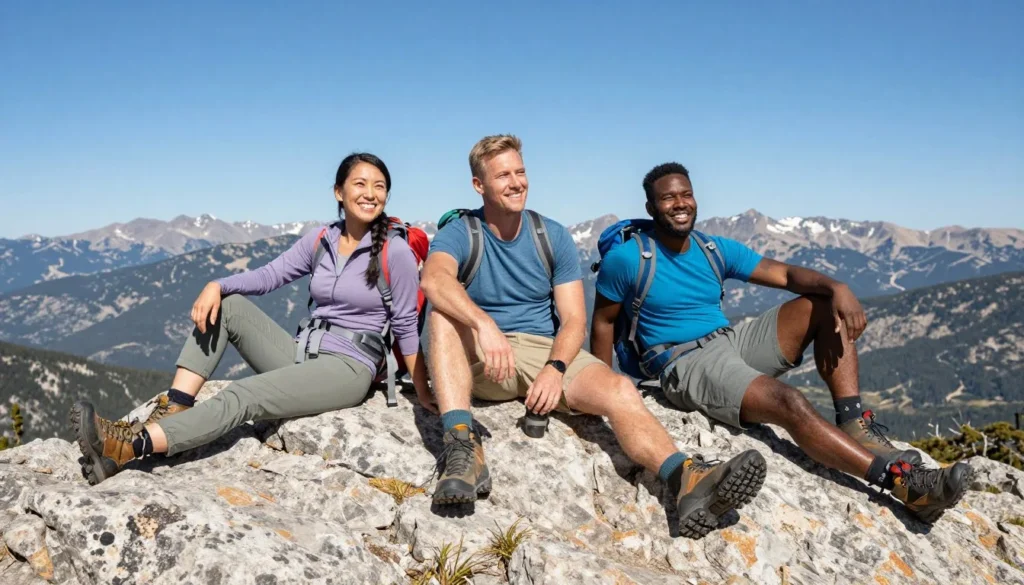 Happy diverse hikers resting on Mount Jefferson Nevada summit rocks