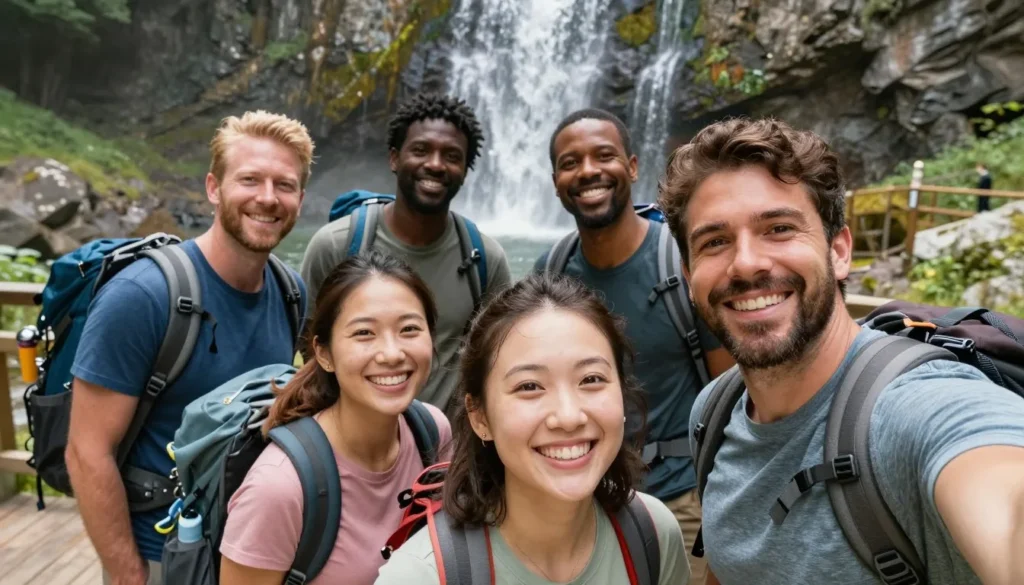 Happy diverse hiking group taking photo at waterfall viewing area