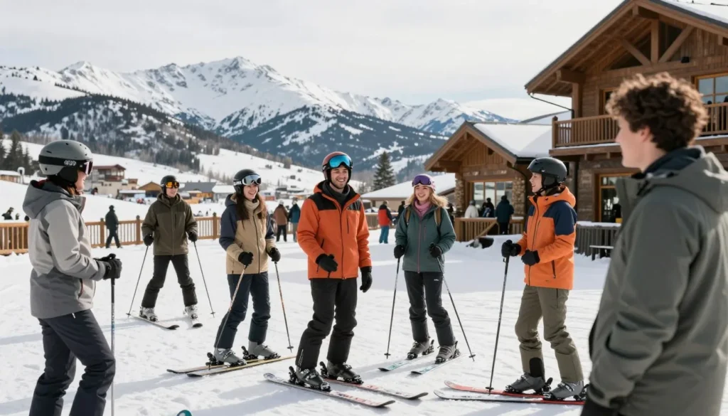 Happy diverse skiers at Granby Ranch base lodge Happy diverse skiers at Granby Ranch base lodge
