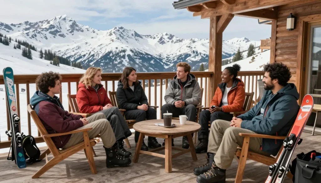 Happy diverse skiers taking break at mountain lodge terrace with mountain views