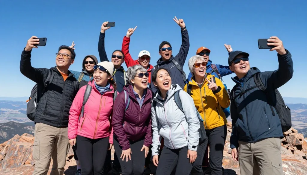 Happy diverse tourists at Pikes Peak summit taking photos Happy diverse tourists at Pikes Peak summit taking photos