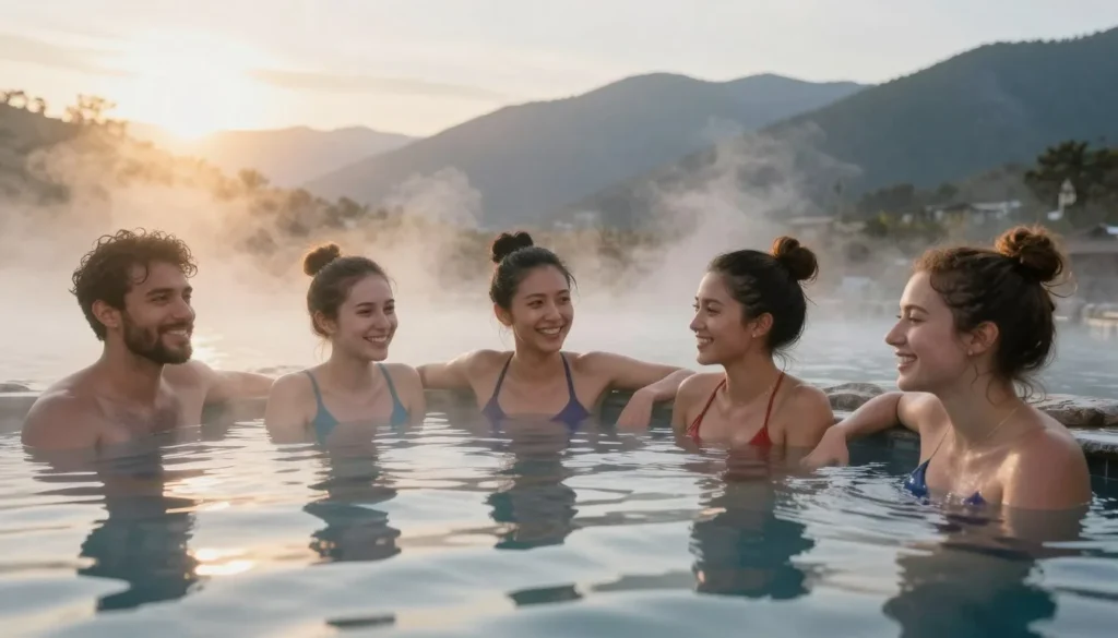 Happy diverse tourists enjoying Ouray Colorado hot springs experience Happy diverse tourists enjoying Ouray Colorado hot springs experience