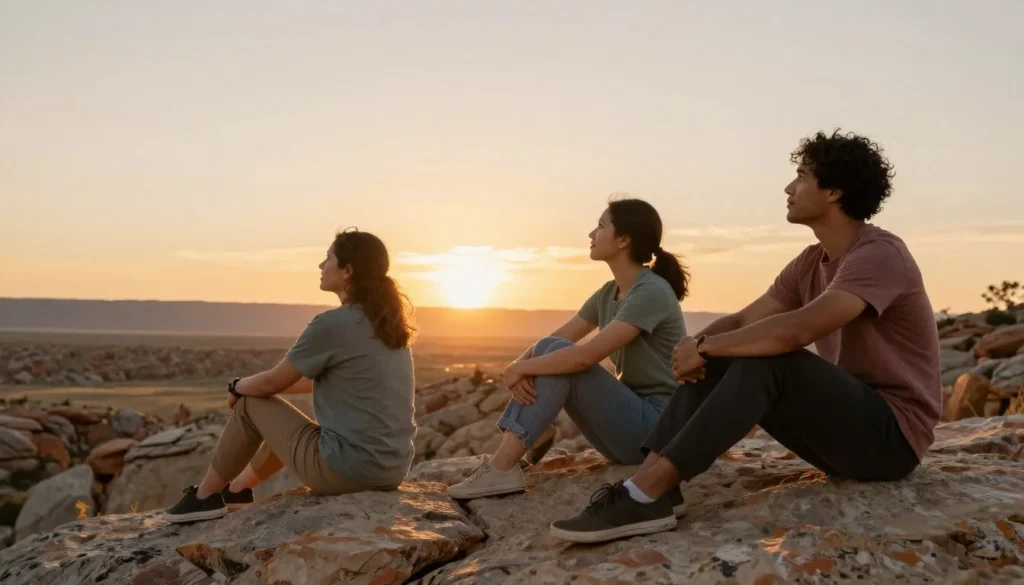 Happy diverse visitors enjoying sunset view over Grand Staircase landscape