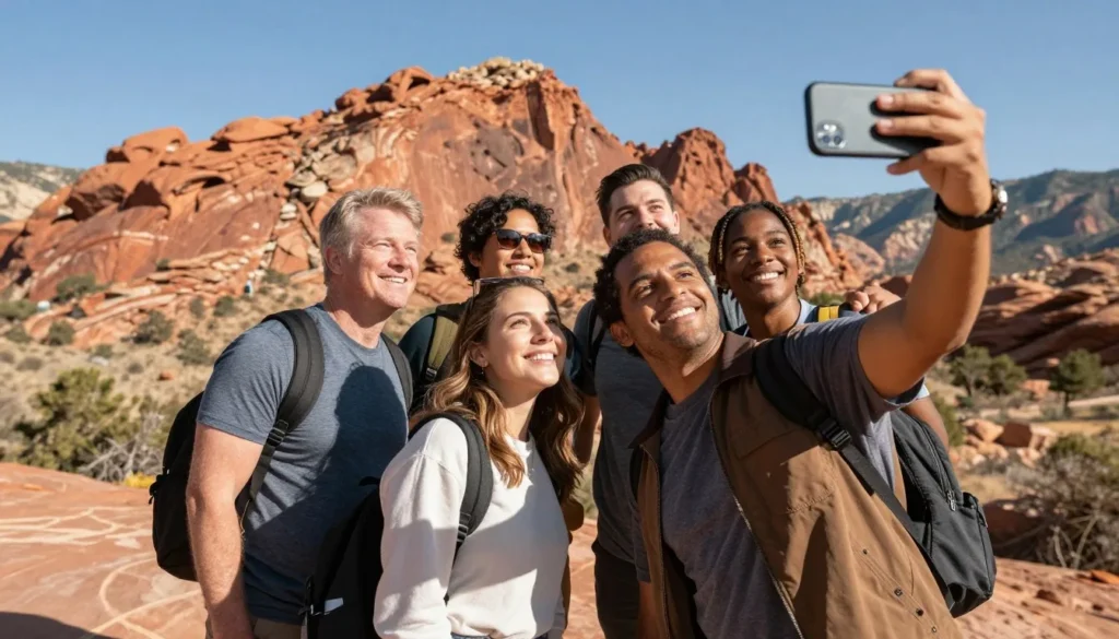Happy diverse visitors taking selfie at scenic Red Rock Canyon viewpoint Happy diverse visitors taking selfie at scenic Red Rock Canyon viewpoint