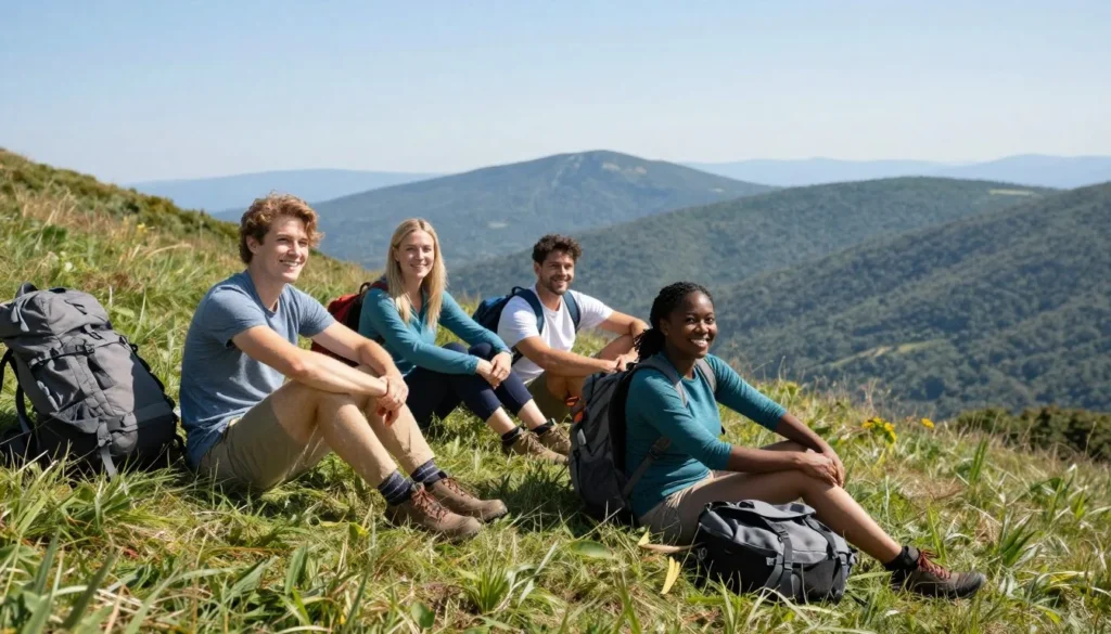 Happy hikers at Andrews Bald enjoying mountain views