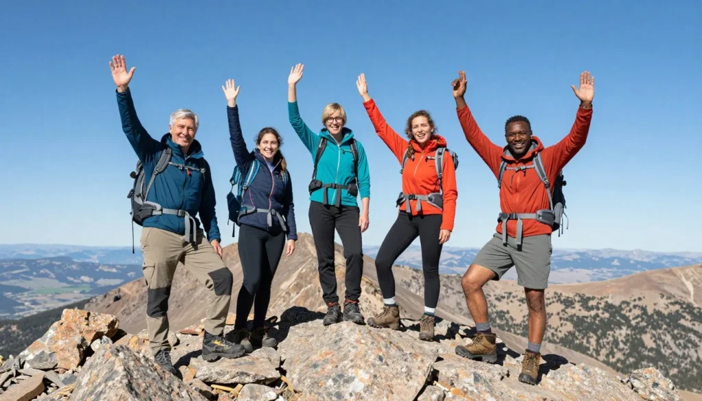 Happy hikers at Mount Sneffels summit celebrating their achievement
