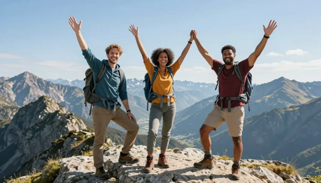 Happy hikers at mountain summit celebrating achievement Happy hikers at mountain summit celebrating achievement