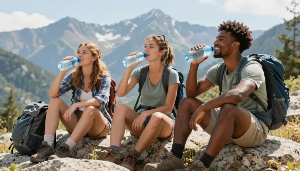 Happy hikers resting on rocks with mountain vista Happy hikers resting on rocks with mountain vista