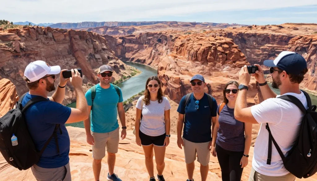 Happy tourists at Flaming Gorge scenic viewpoint