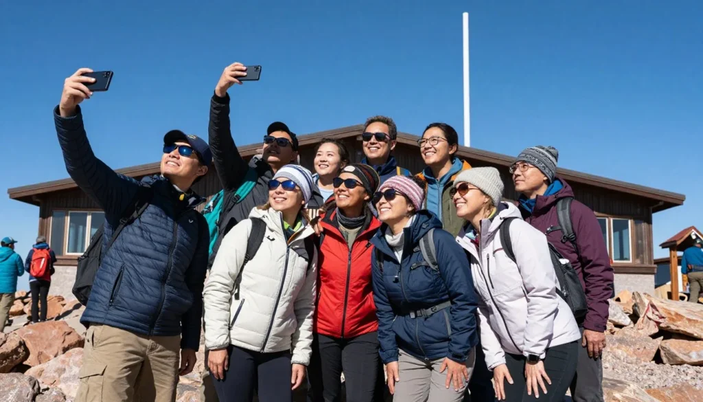 Happy tourists at Pikes Peak summit taking photos and enjoying mountain views Happy tourists at Pikes Peak summit taking photos and enjoying mountain views