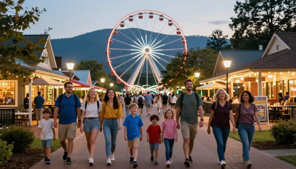 Happy tourists enjoying evening at The Island entertainment district