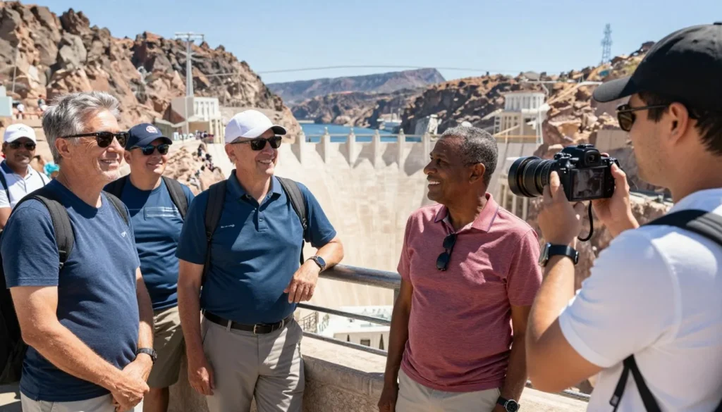 Happy tourists enjoying their visit to Hoover Dam Happy tourists enjoying their visit to Hoover Dam