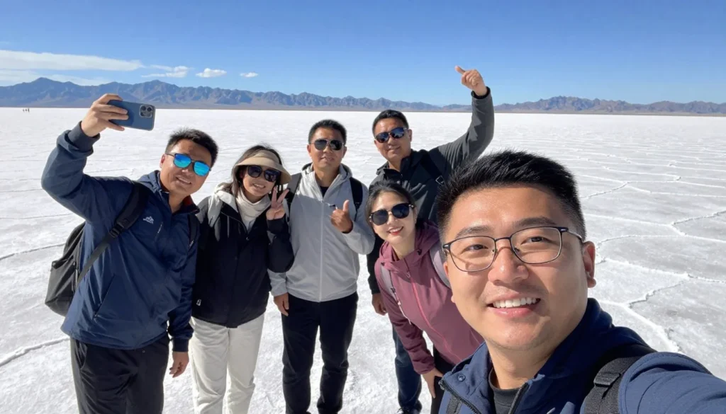 Happy visitors at Bonneville salt flats sharing experiences