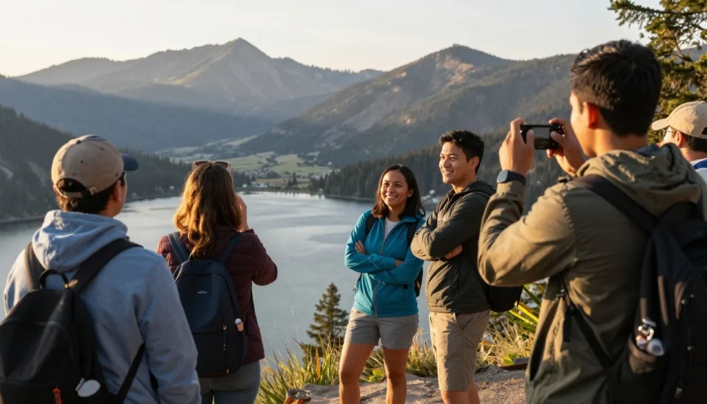 Happy visitors enjoying Fish Lake scenery Happy visitors enjoying Fish Lake scenery