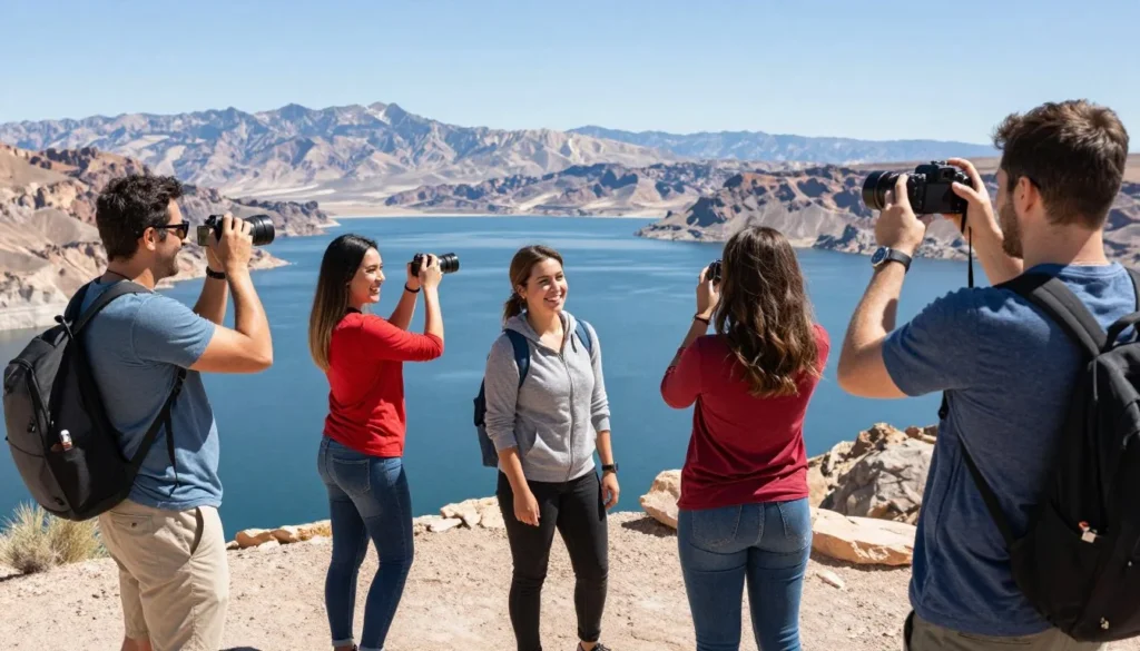 Happy visitors enjoying Lake Mead with scenic backdrop