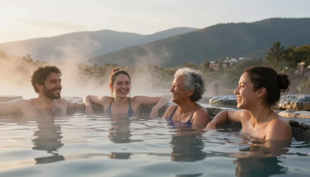Happy visitors enjoying natural hot springs pools with mountain backdrop