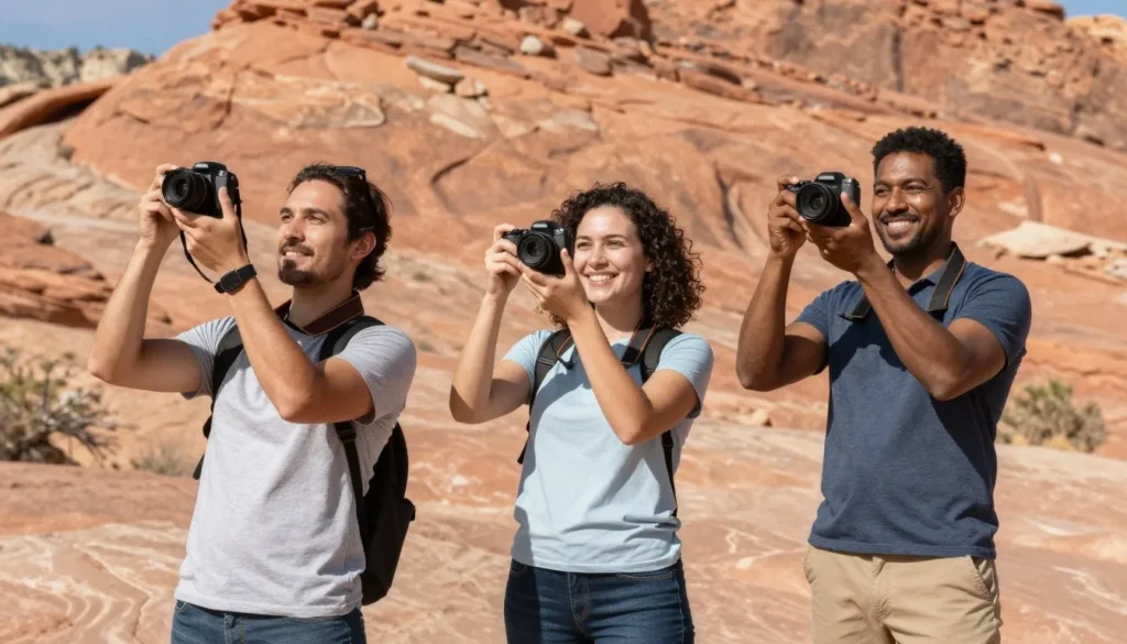 Happy visitors photographing rock formations in Gold Butte Happy visitors photographing rock formations in Gold Butte