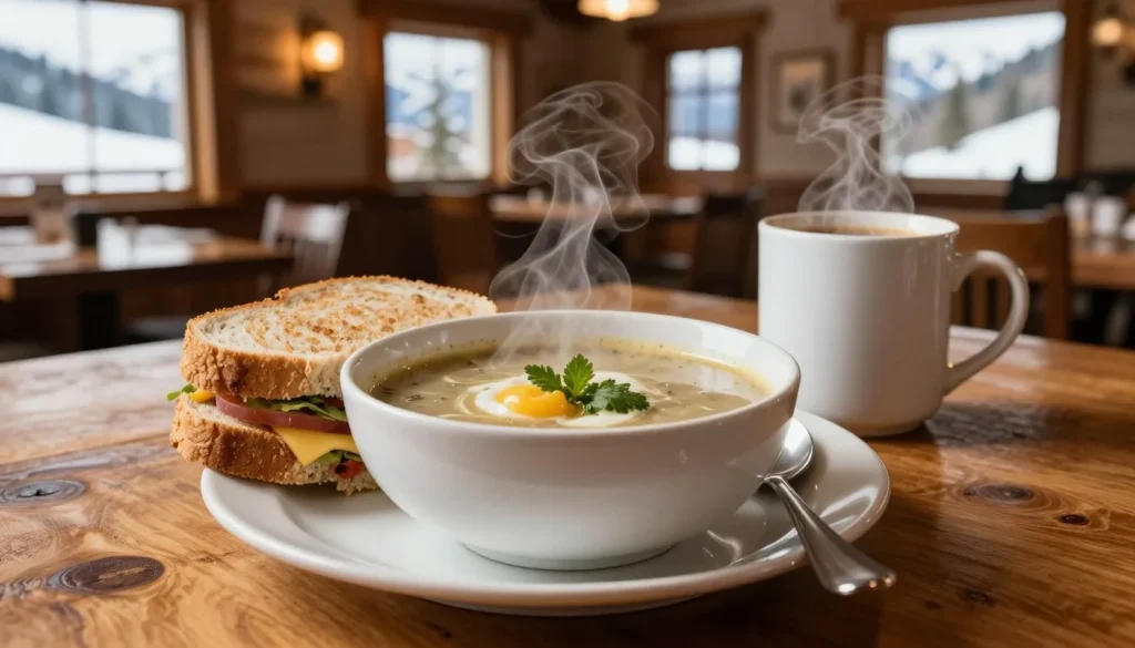 Hearty Colorado mountain meal with hot soup and sandwich at ski lodge Hearty Colorado mountain meal with hot soup and sandwich at ski lodge